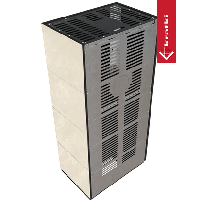 Kratki Floki S 8 kW Links, moderne vrijstaande kachel met metalen ventilatierooster en beige zijpanelen.