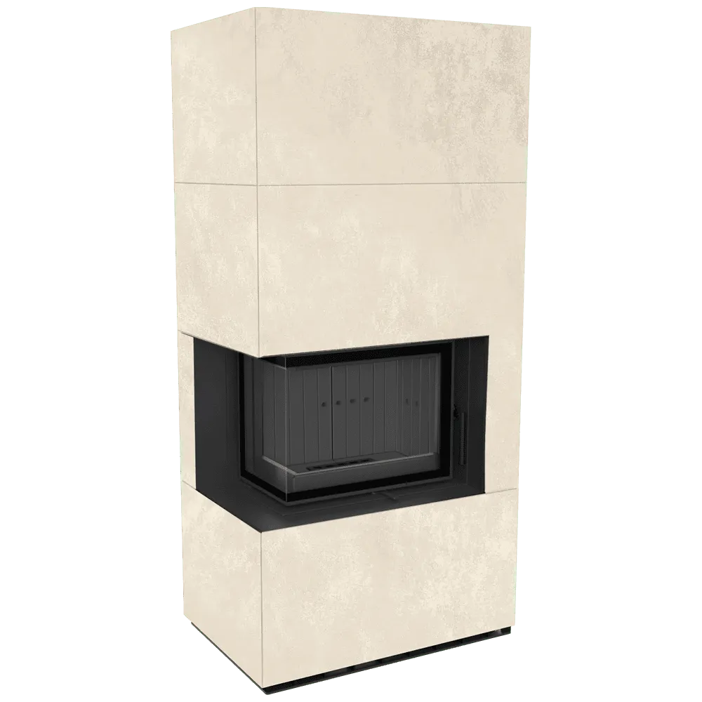 Kratki Floki S 8 kW Links, moderne hoekhaard met beige ombouw en glazen deur.