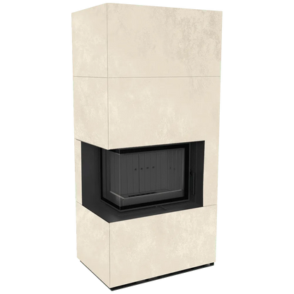Kratki Floki S 8 kW Links, moderne hoekhaard met beige omkasting en glazen deur.