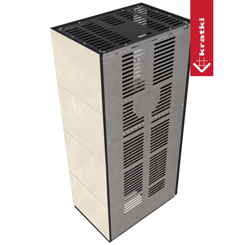 Kratki Floki Box Links vrijstaande haardkachel, grijs met ventilatiesleuven