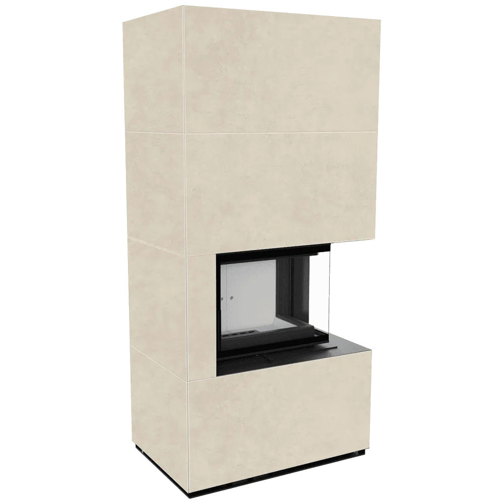 Kratki Floki S 8 kW Rechts, moderne hoekhaard met beige omkasting en glazen zijpaneel.