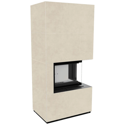 Kratki Floki S 8 kW Rechts, moderne hoekhaard met beige omkasting en glazen zijpaneel.