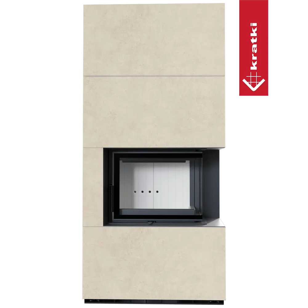 Kratki Floki S 8 kW Rechts, moderne beige haard met zwart frame en glazen deur.