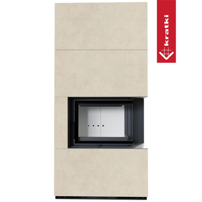 Kratki Floki S 8 kW Rechts, moderne beige haard met zwart frame en glazen deur.
