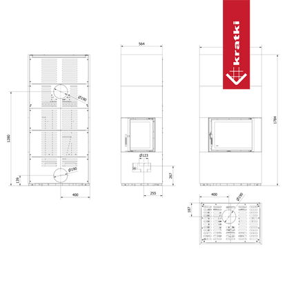 Kratki Floki S 8 kW Rechts, zwart metalen houtkachel met glazen deur en zijruit.