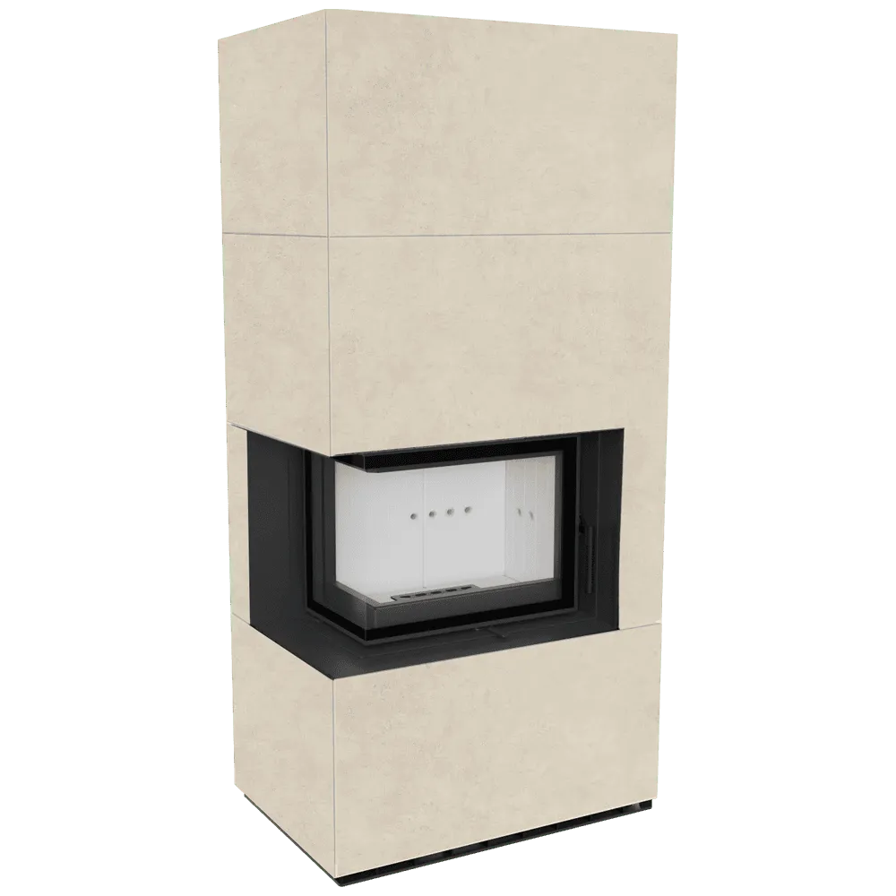 Kratki Floki S 8 kW Links, moderne hoekhaard met beige ombouw en glazen deur.