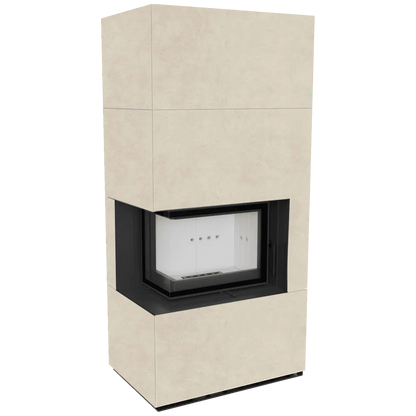 Kratki Floki S 8 kW Links, moderne hoekhaard met beige ombouw en glazen deur.