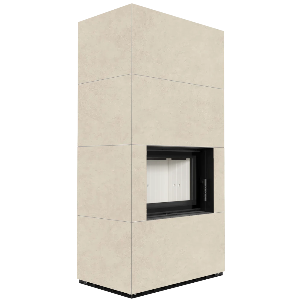 Kratki Floki Box haard in beige beklede ombouw met rechthoekige opening