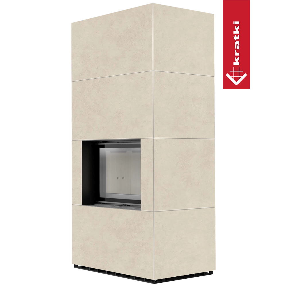 Kratki Floki Box in beige beklede haard op groene achtergrond