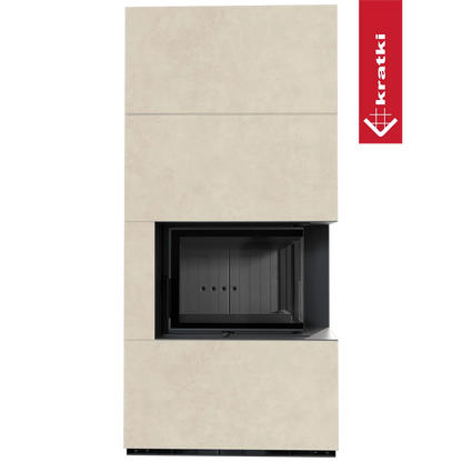 Kratki Floki S 8 kW Rechts, moderne beige haard met zwart glazen deur aan rechterkant.