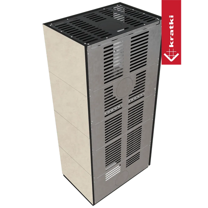 Kratki Floki S 8 kW Rechts, moderne rechthoekige kachel met ventilatierooster en beige zijpanelen.