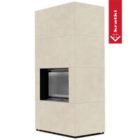 Kratki Floki Box in beige beklede haard op groene achtergrond