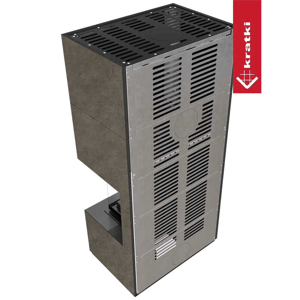 Kratki Floki S 8 kW Rechts, moderne grijze houtkachel met ventilatierooster en strak design.