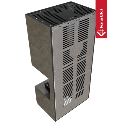 Kratki Floki S 8 kW Rechts, moderne grijze houtkachel met ventilatierooster en strak design.