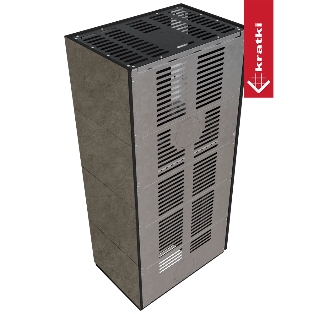 Kratki Floki Box Links, hoge rechthoekige kachel met geperforeerde metalen panelen