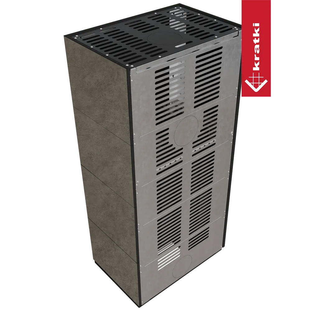 Kratki Floki S 8 kW Links, moderne grijze kachel met ventilatieroosters en strak ontwerp.