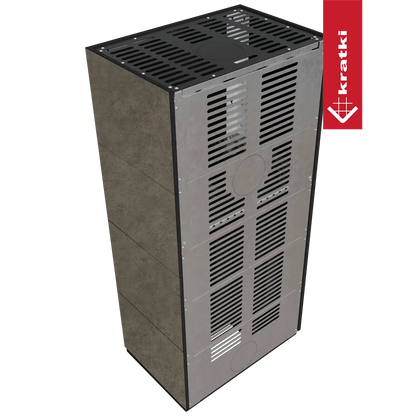 Kratki Floki S 8 kW Links, moderne grijze kachel met ventilatieroosters en strak ontwerp.