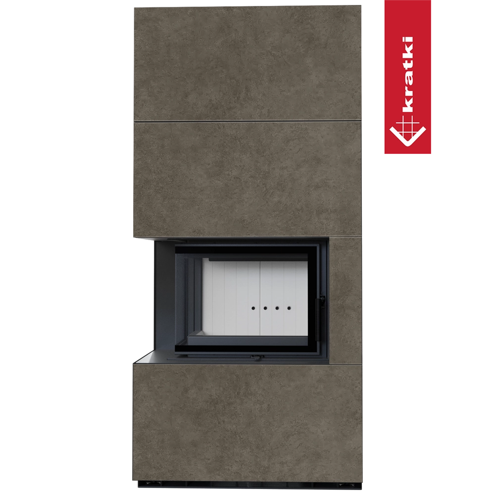 Kratki Floki Box Links haard met brede bekleding en glazen vuurkamer