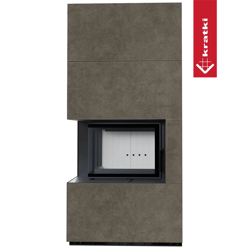 Kratki Floki S 8 kW Links, moderne hoekhaard met grijze bekleding en glazen deur.