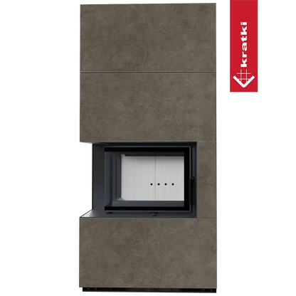 Kratki Floki S 8 kW Links, moderne hoekhaard met grijze bekleding en glazen deur.