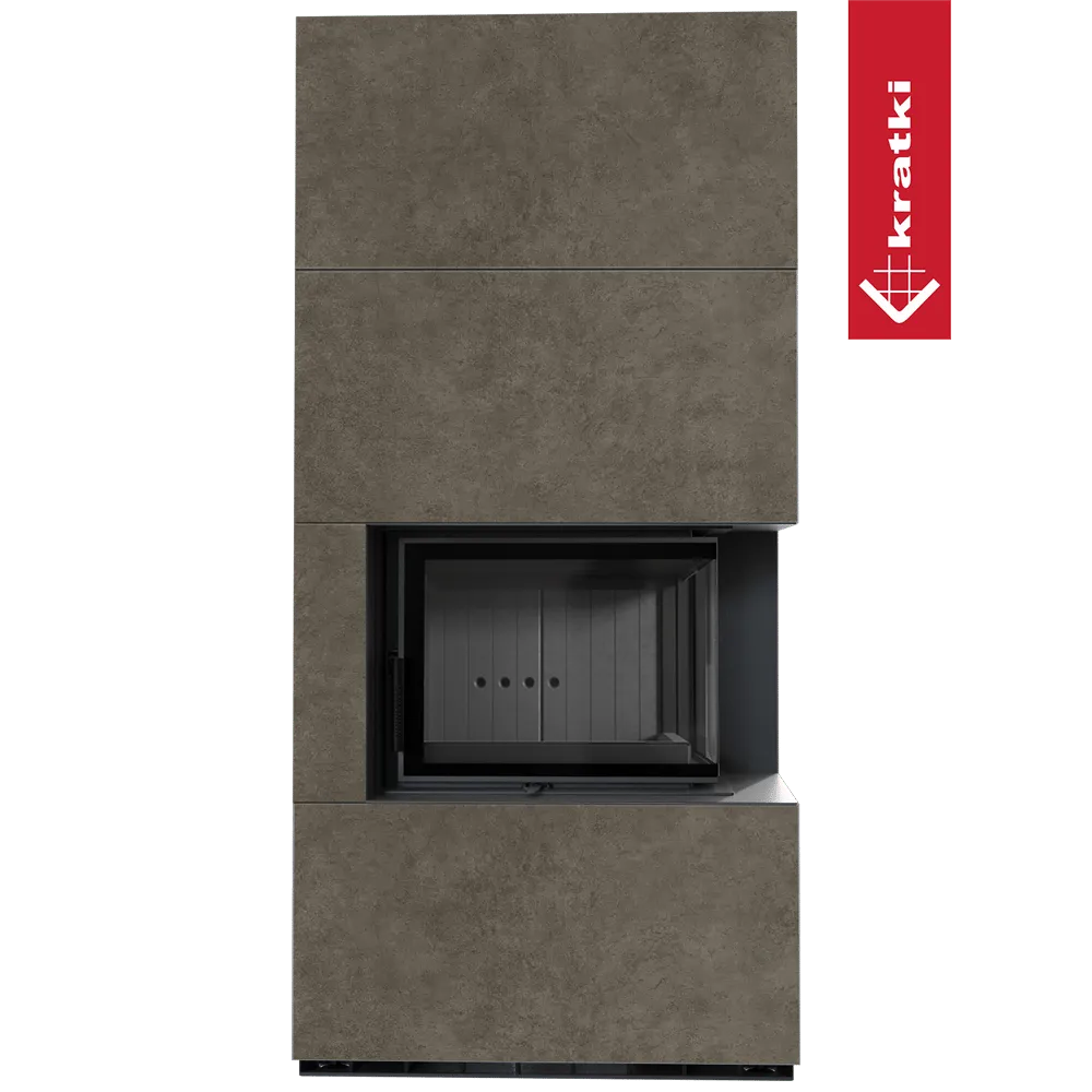 Kratki Floki S 8 kW Rechts, moderne hoekhaard met grijze bekleding en glazen deur.