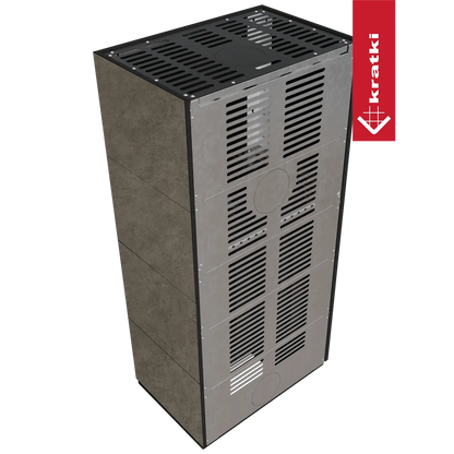 Kratki Floki S 8 kW Rechts, moderne grijze kachel met ventilatieroosters en strak design.