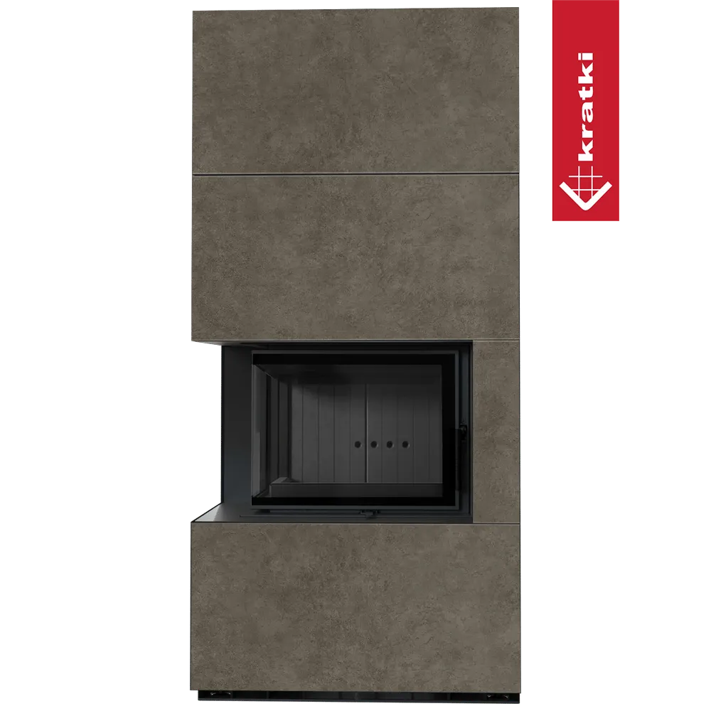 Kratki Floki S 8 kW Links, moderne hoekhaard met strakke, grijze afwerking en glazen deur.
