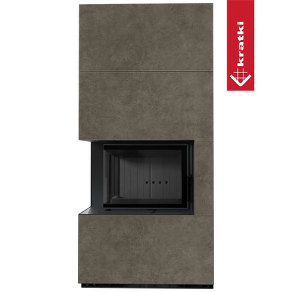 Kratki Floki S 8 kW Links, moderne hoekhaard met strakke, grijze afwerking en glazen deur.