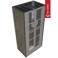 Kratki Floki Box Links vrijstaande kachel, grijze behuizing met zwarte ventilatiesleuven