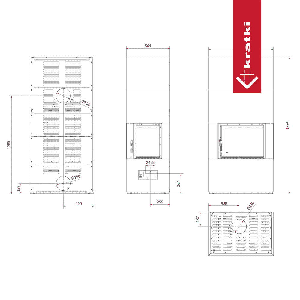 Technische tekening van de Kratki Floki S 8 kW Rechts haard.