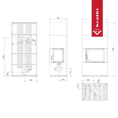 Technische tekening van de Kratki Floki S 8 kW Rechts haard.