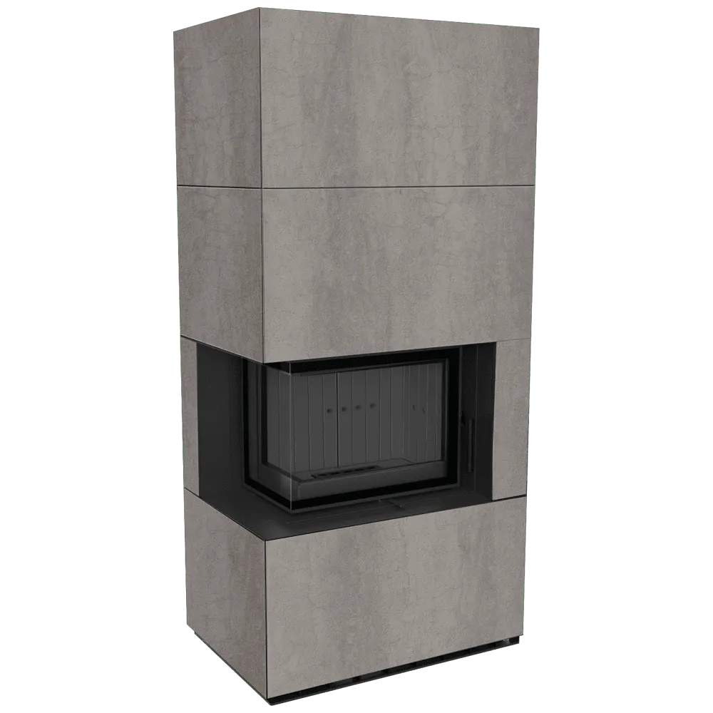 Kratki Floki S 8 kW Links, moderne hoekhaard met grijze bekleding en glazen zijpaneel.