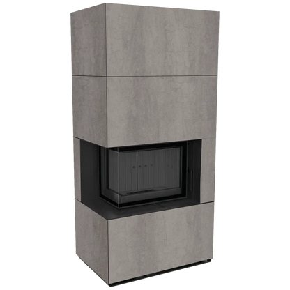 Kratki Floki S 8 kW Links, moderne hoekhaard met grijze bekleding en glazen zijpaneel.