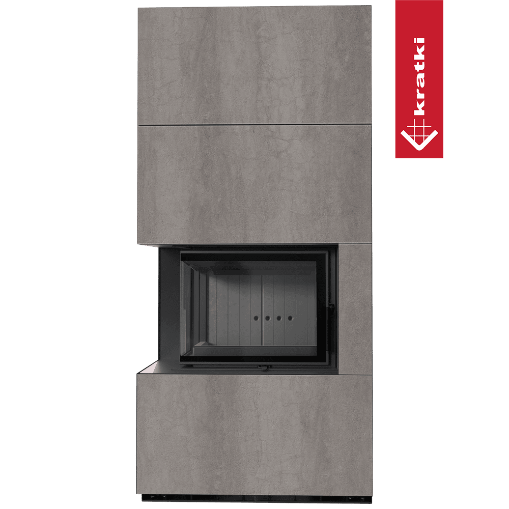 Kratki Floki Box Links haard met grijze bekleding en glazen vuurhaard