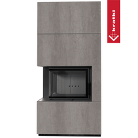 Kratki Floki Box Links haard met grijze bekleding en glazen vuurhaard