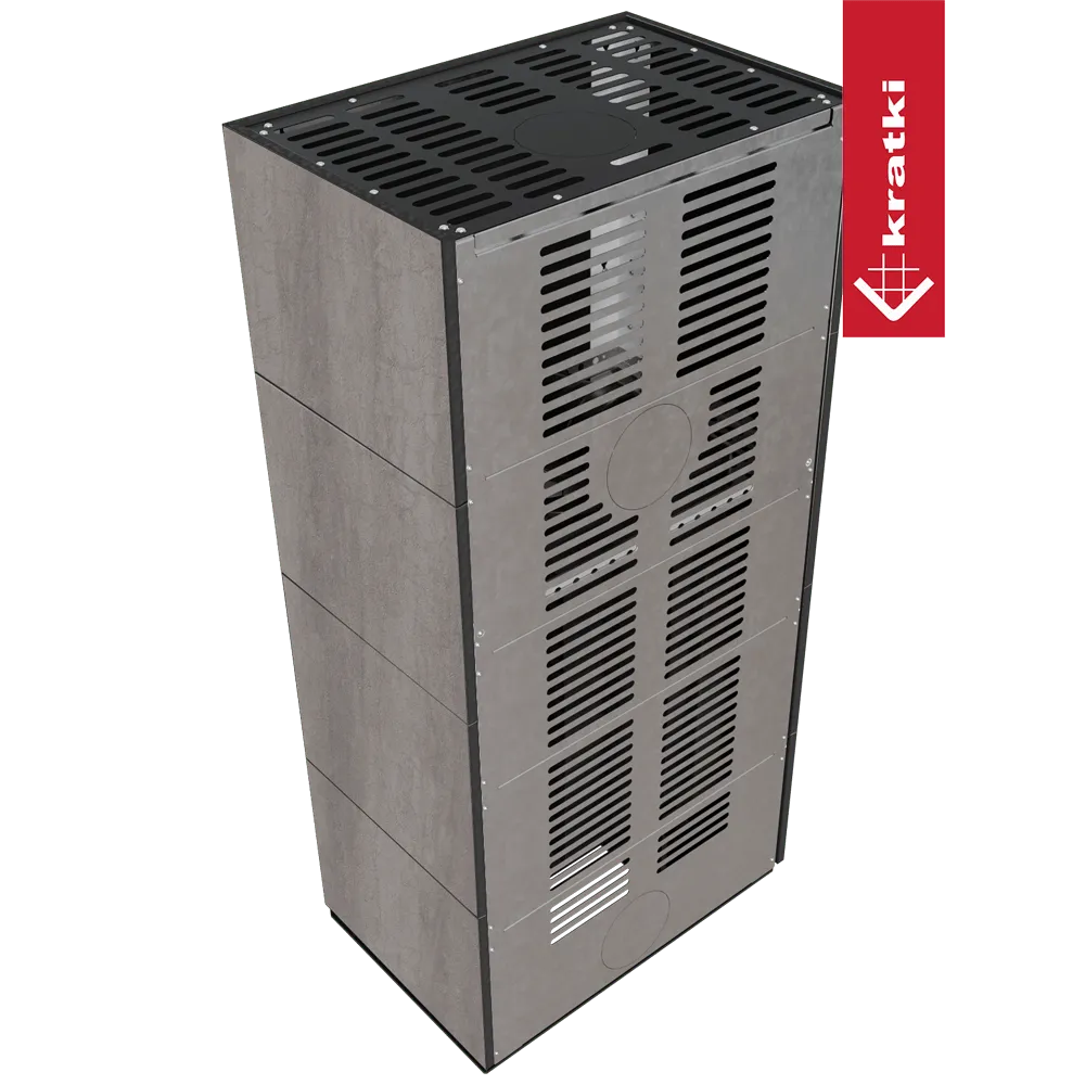 Kratki Floki S 8 kW Links, moderne grijze kachel met ventilatieroosters en strak design.