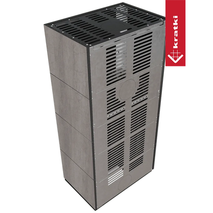 Kratki Floki S 8 kW Links, moderne grijze kachel met ventilatieroosters en strak design.