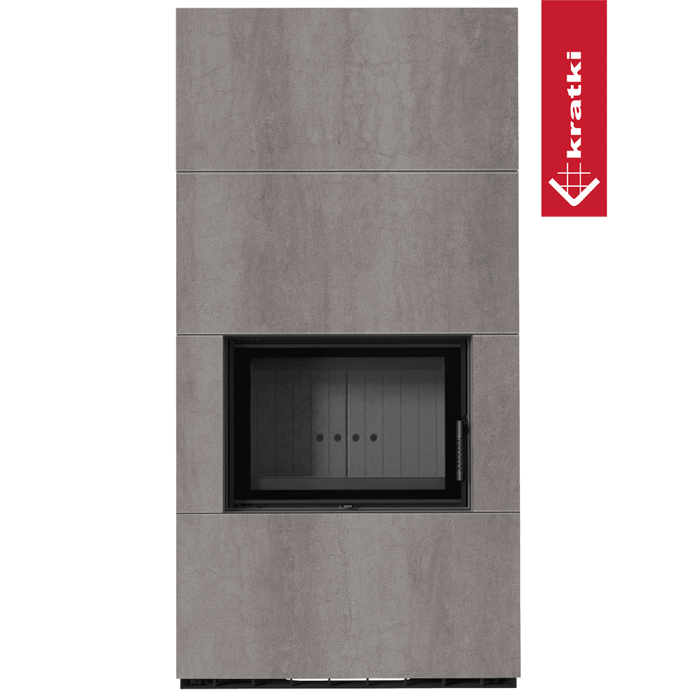 Kratki Floki Box haard met grijze betonlook en glazen deur