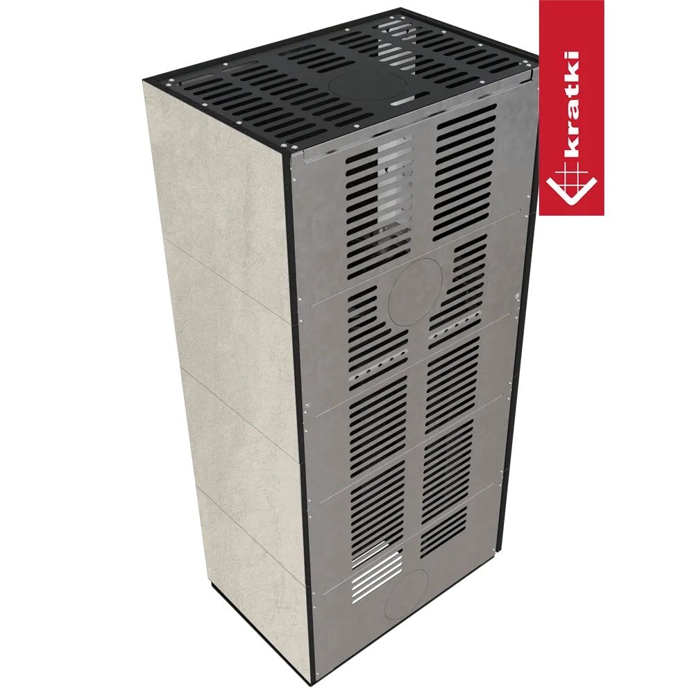 Kratki Floki S 8 kW Links, moderne grijze kachel met ventilatieroosters en strak ontwerp.