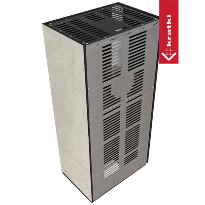 Kratki Floki S 8 kW Links, moderne grijze kachel met ventilatieroosters en strak ontwerp.