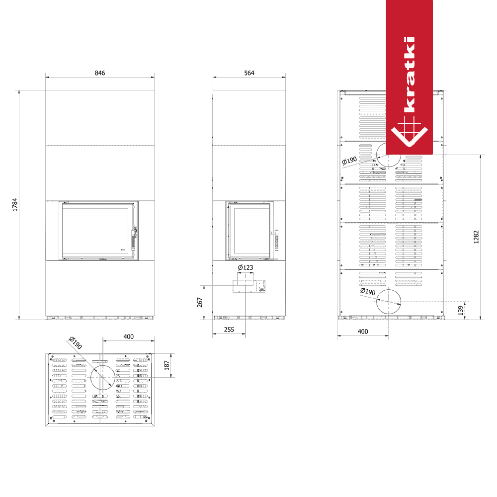 Kratki Floki S 8 kW Links, een moderne houtkachel met een glazen deur en zijruit.