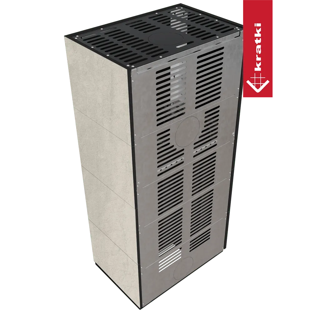 Kratki Floki S 8 kW Links, moderne grijze kachel met ventilatierooster en strak ontwerp.