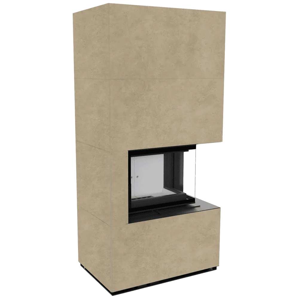 Kratki Floki S 8 kW Rechts, moderne hoekhaard met beige ombouw en glazen zijpaneel.