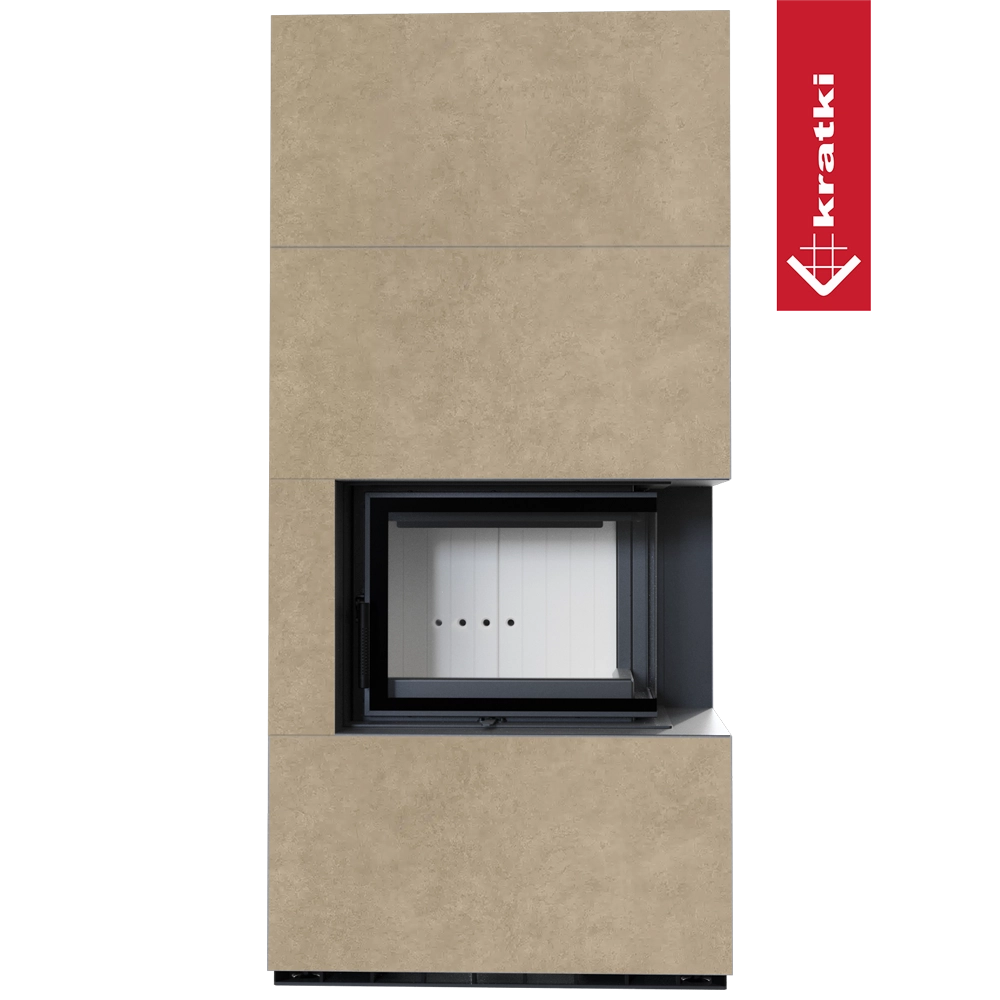 Kratki Floki Box Rechts in beige beklede haardombouw, met zwarte inbouwhaard