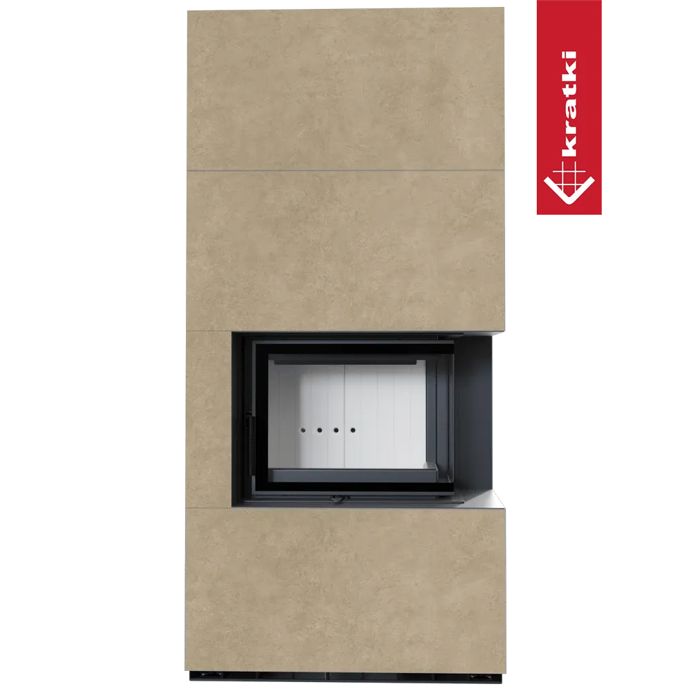 Kratki Floki S 8 kW Rechts, moderne beige haard met glazen deur en zwart frame.