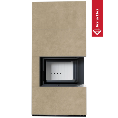 Kratki Floki S 8 kW Rechts, moderne beige haard met glazen deur en zwart frame.