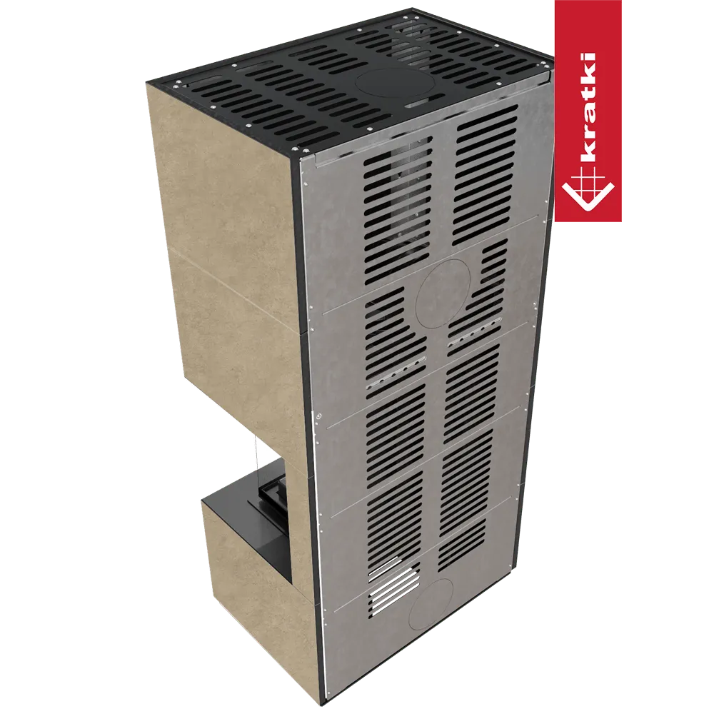 Kratki Floki S 8 kW Rechts, moderne houtkachel met metalen rooster en beige zijpanelen.