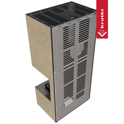 Kratki Floki S 8 kW Rechts, moderne houtkachel met metalen rooster en beige zijpanelen.