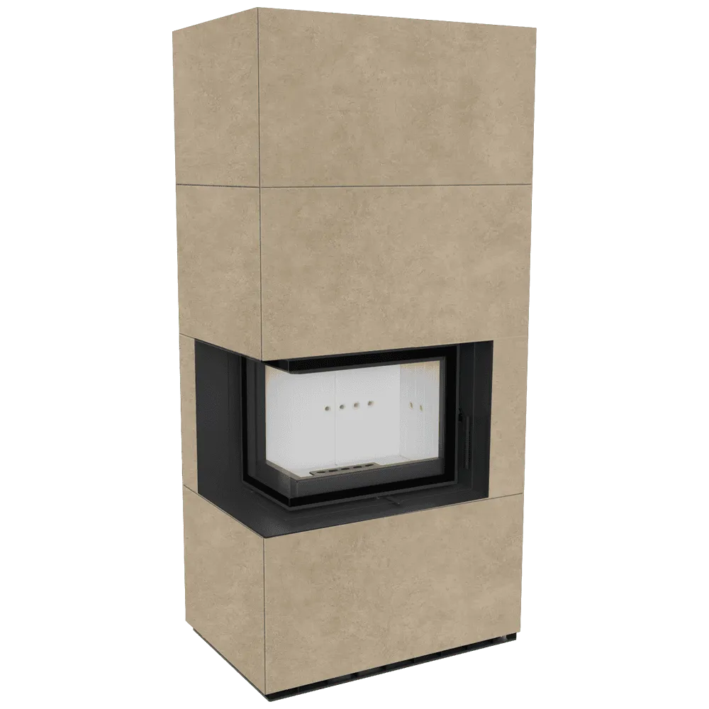 Kratki Floki S 8 kW Links, moderne hoekhaard met beige omkasting en glazen zijpaneel.