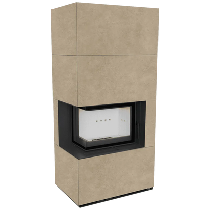 Kratki Floki S 8 kW Links, moderne hoekhaard met beige omkasting en glazen zijpaneel.